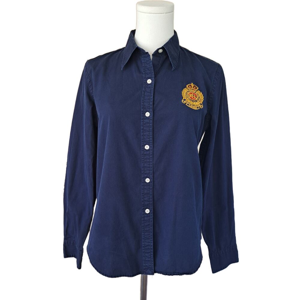 LAUREN Ralph Lauren Crest Logo Crest Button Down Shirt Navy Petite Medium